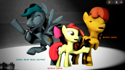 Size: 1280x720 | Tagged: safe, artist:longsword97, imported from derpibooru, apple bloom, oc, oc:black gryph0n, oc:black gryphon, oc:blackgryph0n, oc:monique creber, earth pony, pegasus, pony, unicorn, 3d, artist watermark, black gryph0n, black gryphon, blackgryph0n, earth pony oc, gmod, horn, michelle creber, microphone, mlp msp, mlp msp 2015, monique creber, pegasus oc, source filmmaker, spotlight, spread wings, trio, unicorn oc, watermark, wings