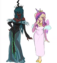 Size: 1290x1406 | Tagged: safe, artist:darkzombiez, imported from derpibooru, princess cadance, queen chrysalis, human, clothes, crown, dark skin, dress, duo, humanized, jewelry, regalia, simple background, standing, white background