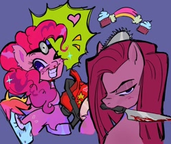 Size: 1464x1233 | Tagged: safe, artist:darkzombiez, imported from derpibooru, pinkie pie, rainbow dash, earth pony, pegasus, pony, blood, heart, knife, mouth hold, one eye closed, pinkamena diane pie, smiling, solo, sweat, wink