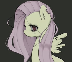 Size: 1791x1542 | Tagged: safe, artist:dekoi, imported from derpibooru, fluttershy, pegasus, pony, undead, zombie, bags under eyes, bite mark, no mouth, simple background, solo