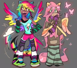 Size: 2048x1809 | Tagged: safe, artist:therumano, imported from derpibooru, fluttershy, rainbow dash, anthro, human, pegasus, equestria girls, clothes, shorts, skirt, smiling, standing, sweater, tail, tanktop, wings