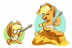 Size: 4096x2703 | Tagged: safe, artist:notfocks, imported from derpibooru, applejack, earth pony, pony, applejack's hat, banjo, cowboy hat, cute, female, filly, foal, hat, hay, hoof hold, jackabetes, mare, musical instrument, one eye closed, open mouth, open smile, simple background, sitting, smiling, solo, white background, wink