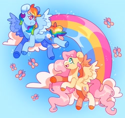 Size: 4096x3877 | Tagged: safe, artist:cocopudu, imported from derpibooru, fluttershy, rainbow dash, pegasus, pony, cloven hooves, duo, female, flutterdash, flying, lesbian, looking at each other, looking at someone, mare, open mouth, open smile, rainbow, shipping, smiling, smiling at each other, spread wings, wings