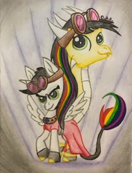 Size: 2672x3500 | Tagged: safe, artist:gracefulart693, imported from derpibooru, oc, oc:lightning bliss, alicorn, pony, alicorn oc, clothes, dress, duo, goggles, horn, jewelry, multicolored hair, necklace, rainbow hair, traditional art, wings