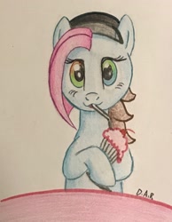 Size: 1813x2338 | Tagged: safe, artist:gracefulart693, imported from derpibooru, oc, oc only, earth pony, pony, bust, earth pony oc, eyelashes, hat, milkshake, open mouth, smiling, solo, traditional art