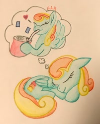 Size: 1631x2027 | Tagged: safe, artist:gracefulart693, imported from derpibooru, oc, oc only, pegasus, pony, dream, drinking, duo, eyes closed, female, lying down, mare, pegasus oc, prone, smiling, thinking, traditional art