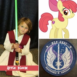 Size: 1080x1080 | Tagged: safe, artist:mlpjedi, imported from derpibooru, apple bloom, earth pony, human, pony, clothes, cosplay, costume, female, irl, irl human, jedi, lightsaber, mare, older, older apple bloom, photo, solo, star wars, weapon