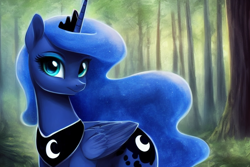 Size: 1920x1280 | Tagged: safe, derpibooru exclusive, editor:dovakkins, imported from derpibooru, princess luna, alicorn, pony, ai content, ai generated, crown, cute, ethereal mane, female, folded wings, forest background, galaxy mane, generator:stable diffusion, horn, jewelry, looking at you, lunabetes, mare, peytral, regalia, smiling, smiling at you, solo, wings