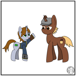 Size: 2000x2000 | Tagged: safe, artist:dice-warwick, imported from derpibooru, oc, oc only, oc:littlepip, oc:shiner, pony, unicorn, fallout equestria, clothes, female, hat, jumpsuit, male, mare, newsboy hat, pipbuck, raised hoof, simple background, stallion, transparent background, vault suit