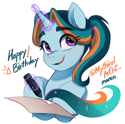 Size: 1943x1937 | Tagged: safe, artist:maren, imported from derpibooru, oc, oc only, pony, unicorn, birthday, magic, simple background, solo, telekinesis, white background