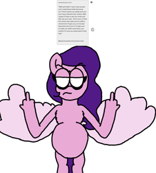 Size: 3023x3351 | Tagged: safe, artist:professorventurer, imported from derpibooru, pipp petals, pegasus, pony, series:ask pippamena, belly, big belly, bipedal, chest fluff, female, fingers, fuck you, g5, mare, middle feather, middle finger, pippamena, pregnant, primrose petals, spread wings, suddenly hands, thumbs, vulgar, wing hands, wings