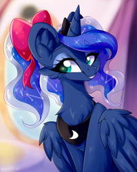 Size: 2351x2957 | Tagged: safe, artist:woonborg, imported from derpibooru, princess luna, alicorn, pony, alternate hairstyle, boutique, bow, cheek fluff, crown, cute, ear fluff, female, hair bow, horn, jewelry, lunabetes, mare, moon, peytral, pigtails, ponytail, regalia, smiling, smirk, solo, twintails, wings