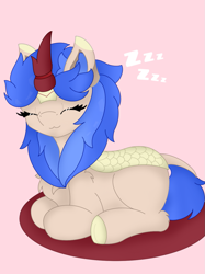 Size: 985x1314 | Tagged: safe, artist:sodapop sprays, imported from derpibooru, oc, oc only, oc:cobalt flame, kirin, chest fluff, ear fluff, eyes closed, female, kirin oc, lying down, mare, pink background, ponyloaf, prone, simple background, sleeping, solo