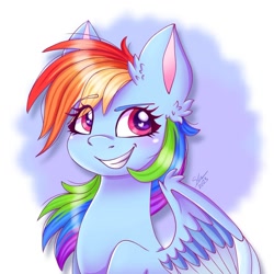 Size: 1212x1213 | Tagged: safe, artist:galaxy swirl, imported from derpibooru, rainbow dash, pegasus, pony, blushing, bust, colored eyebrows, colored wings, colored wingtips, eyebrows, eyebrows visible through hair, female, grin, heart, heart eyes, mare, multicolored hair, multicolored mane, multicolored wings, portrait, rainbow hair, raised eyebrow, simple background, smiling, solo, striped mane, wingding eyes, wings