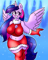 Size: 800x1000 | Tagged: safe, artist:northernlightsone, imported from derpibooru, oc, oc only, oc:princess morning star, alicorn, anthro, unguligrade anthro, alicorn oc, alicorn princess, breasts, christmas, clothes, commissioner:bigonionbean, cutie mark, ethereal mane, ethereal tail, female, flank, fusion, fusion:princess celestia, fusion:twilight sparkle, gloves, holiday, horn, leggings, mare, solo, spread wings, stomach, tail, thick, thighs, thunder thighs, wings, writer:bigonionbean