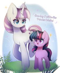 Size: 1800x2200 | Tagged: safe, artist:miryelis, imported from derpibooru, twilight sparkle, twilight velvet, pony, unicorn, big ears, cute, female, filly, filly twilight sparkle, foal, full body, grass, horn, mama velvet, mother, mother and child, mother and daughter, signature, simple background, sky, smiling, sparkles, standing, text, twiabetes, twilight wants to be a princess, unicorn twilight, velvetbetes, younger