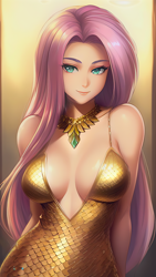 Size: 864x1536 | Tagged: safe, imported from derpibooru, fluttershy, human, absolute cleavage, adorasexy, ai assisted, ai content, ai generated, bare shoulders, beautiful, breasts, busty fluttershy, cleavage, clothes, cute, dress, female, gold, humanized, jewelry, lips, long hair, looking at you, metal, metallic, necklace, prompter:sammykun, realistic, scales, seductive look, sexy, shiny, simple background, sleeveless, solo, string, stupid sexy fluttershy