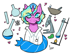 Size: 1018x767 | Tagged: safe, artist:curryrice, imported from derpibooru, oc, oc only, anthro, earth pony, original species, pony, unicorn, microscope, simple background, solo, test tube, white background