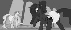 Size: 2932x1256 | Tagged: safe, artist:drasill, imported from derpibooru, princess celestia, princess luna, alicorn, pony, adult diaper, black and white, diaper, diaper fetish, diapered, dream, duo, enthusiasm, female, fetish, grayscale, looking at you, looking back, looking back at you, mare, monochrome, non-baby in diaper, raised hoof, smiling