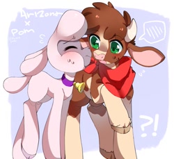 Size: 981x900 | Tagged: safe, artist:catsonmarss, artist:picklescatt, imported from derpibooru, cow, lamb, sheep, them's fightin' herds, arizona (tfh), bandana, bell, bell collar, blushing, cloven hooves, collar, cute, duo, exclamation point, female, frown, interrobang, lesbian, looking at someone, nervous, open mouth, pom (tfh), pomzona, question mark, raised hoof, shipping, sweat, sweatdrop