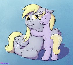 Size: 1782x1600 | Tagged: safe, artist:passionpanther, imported from derpibooru, derpy hooves, dinky hooves, pegasus, pony, unicorn, butt, cute, derpabetes, dinkabetes, duo, equestria's best daughter, equestria's best mother, eyes closed, female, gradient background, headcanon, hug, motherly, plot, smiling