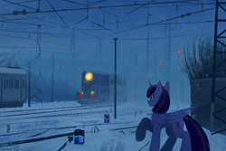 Size: 1280x853 | Tagged: safe, artist:adagiostring, imported from derpibooru, twilight sparkle, alicorn, pony, cold, female, folded wings, food, frosting, frosty, horn, mare, railroad, railway signal, raised hoof, sketch, snow, solo, standing, train, twilight sparkle (alicorn), wings