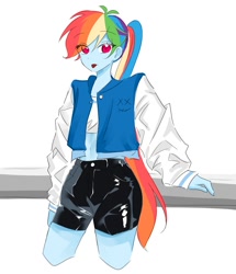 Size: 716x834 | Tagged: safe, artist:rainn__1026, imported from derpibooru, rainbow dash, human, equestria girls, :p, anime, belly button, clothes, jacket, long hair, midriff, ponytail, short shirt, shorts, simple background, solo, standing, tomboy, tongue out, varsity jacket, white background