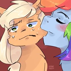 Size: 2048x2048 | Tagged: safe, artist:dmitrymemovznok, imported from derpibooru, applejack, rainbow dash, earth pony, pegasus, pony, blushing, bust, eyes closed, frown, mouth hold, sweat