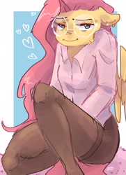 Size: 1479x2048 | Tagged: safe, artist:dmitrymemovznok, imported from derpibooru, fluttershy, anthro, pegasus, clothes, glasses, heart, leggings, smiling, solo