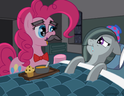 Size: 2000x1543 | Tagged: safe, artist:legendoflink, imported from derpibooru, marble pie, pinkie pie, earth pony, pony, bed, duo, duo female, facial hair, fake moustache, female, food, groucho marx, heart, heart eyes, ice pack, in bed, lying down, mare, moustache, muffin, siblings, sick, simple background, smiling, soup, thermometer, twins, wingding eyes