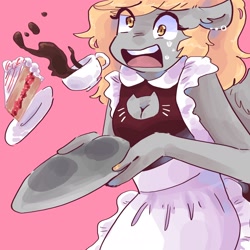 Size: 2048x2048 | Tagged: safe, artist:dmitrymemovznok, imported from derpibooru, derpy hooves, anthro, pegasus, cake, cake slice, clothes, costume, ear piercing, food, maid, open mouth, piercing, pink background, simple background, solo, sweat