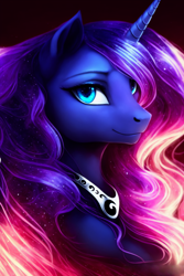 Size: 1024x1536 | Tagged: safe, imported from derpibooru, princess luna, alicorn, pony, ai content, ai generated, beautiful, collar, cute, ethereal mane, female, flowing mane, generator:purplesmart.ai, generator:stable diffusion, glowing mane, horn, jewelry, looking at you, lunabetes, mare, regalia, smiling, smiling at you, solo