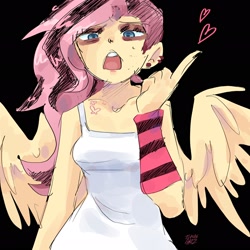 Size: 2048x2048 | Tagged: safe, artist:dmitrymemovznok, imported from derpibooru, fluttershy, anthro, pegasus, black background, clothes, ear piercing, emoshy, frown, heart, open mouth, piercing, simple background, solo, tanktop