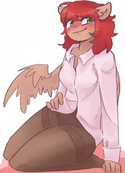 Size: 1479x2048 | Tagged: safe, artist:dmitrymemovznok, imported from derpibooru, oc, anthro, blushing, clothes, leggings, simple background, sitting, smiling, spread wings, white background, wings
