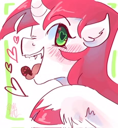 Size: 1890x2048 | Tagged: safe, artist:dmitrymemovznok, imported from derpibooru, lovestruck, pony, unicorn, blushing, heart, heart eyes, sharp teeth, side view, solo, teeth, tongue out, unshorn fetlocks, wingding eyes