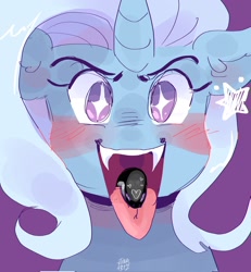 Size: 1890x2048 | Tagged: safe, artist:dmitrymemovznok, imported from derpibooru, trixie, pony, snake, unicorn, blushing, close-up, ear piercing, fangs, forked tongue, piercing, sharp teeth, smiling, solo, teeth, tongue out