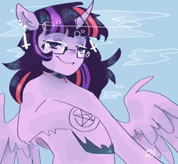 Size: 2048x1890 | Tagged: safe, artist:dmitrymemovznok, imported from derpibooru, twilight sparkle, alicorn, pony, bubble, digital art, ear piercing, feather, female, flowing mane, glasses, horn, lidded eyes, looking at you, mare, ocean, piercing, signature, smiling, smiling at you, smirk, solo, spread wings, swimming, twilight sparkle (alicorn), underwater, unshorn fetlocks, water, wings
