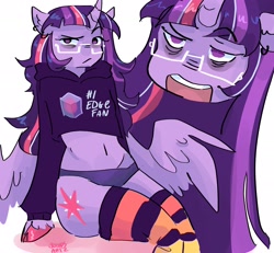 Size: 2048x1890 | Tagged: safe, artist:dmitrymemovznok, imported from derpibooru, twilight sparkle, alicorn, semi-anthro, bags under eyes, clothes, frown, glasses, hoodie, hooves, midriff, open mouth, panties, simple background, sitting, socks, solo, striped socks, thigh highs, underwear, unshorn fetlocks, white background