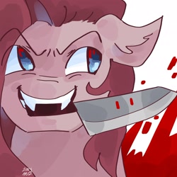 Size: 2048x2048 | Tagged: safe, artist:dmitrymemovznok, imported from derpibooru, pinkie pie, earth pony, pony, blood, close-up, knife, mouth hold, pinkamena diane pie, sharp teeth, smiling, solo, teeth