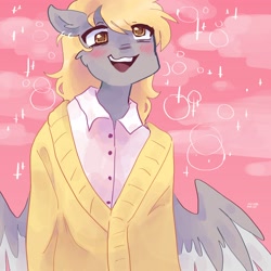 Size: 2048x2048 | Tagged: safe, artist:dmitrymemovznok, imported from derpibooru, derpy hooves, anthro, pegasus, blushing, clothes, open mouth, smiling, solo, spread wings, standing, wings