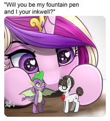 Size: 1084x1200 | Tagged: safe, artist:lailyren, imported from derpibooru, princess cadance, raven, spike, dragon, unicorn, commission, doll, female, glasses, hair bun, heart, heart eyes, horn, implied sex, looking at each other, looking at someone, love, male, mare, meme, necktie, now kiss, older, older spike, ravenspike, secretary, shipper on deck, shipping, straight, text, toy, wingding eyes, winged spike, wings, ych result