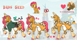 Size: 1280x674 | Tagged: safe, artist:malinraf1615, imported from derpibooru, babs seed, button mash, earth pony, pony, alternate design, bald, bracelet, buttonseed, cheek fluff, chest fluff, clothes, coat markings, comb, ear piercing, earring, eyebrow piercing, female, heart, jewelry, male, manehattan, mare, older, older babs seed, piercing, reference sheet, scissors, shipping, shirt, socks (coat markings), solo focus, stallion, straight, twitterina design, unshorn fetlocks