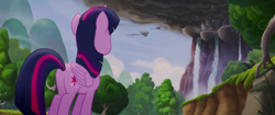 Size: 1920x804 | Tagged: safe, imported from derpibooru, screencap, twilight sparkle, alicorn, pony, my little pony: the movie, airship, butt, canterlot, female, mare, plot, solo, twibutt, twilight sparkle (alicorn), water, waterfall