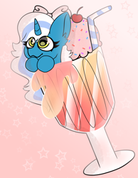 Size: 1942x2500 | Tagged: safe, artist:dreamer-elphii, imported from derpibooru, oc, oc only, oc:fleurbelle, alicorn, pony, alicorn oc, bow, cherry, cute, female, food, glass, hair bow, horn, ice cream, mare, pink background, simple background, solo, sprinkles, straw, wings, yellow eyes