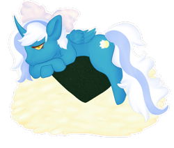 Size: 1585x1349 | Tagged: safe, artist:moonchemistry, imported from derpibooru, oc, oc only, oc:fleurbelle, alicorn, pony, alicorn oc, bow, female, food, hair bow, horn, mare, onigiri, simple background, sleepy, solo, transparent background, wings, yellow eyes