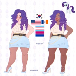 Size: 2048x2048 | Tagged: safe, artist:cryweas, imported from derpibooru, rarity, human, pony, unicorn, alternate hairstyle, american flag, asian, belt, bisexual pride flag, blasian, bracelet, breasts, busty rarity, chubby, clothes, dark skin, eyeshadow, female, glasses, grin, high heels, humanized, jewelry, korean, lipstick, makeup, mare, pride, pride flag, reference sheet, ring, shoes, skirt, sleeveless, sleeveless sweater, smiling, solo, south korea, stockings, sweater, thigh highs, trans female, transgender, transgender pride flag