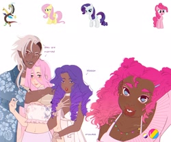 Size: 2048x1700 | Tagged: safe, artist:cryweas, imported from derpibooru, discord, fluttershy, pinkie pie, rarity, human, bra, breasts, clothes, dark skin, discoshy, dress, elf ears, female, hawaiian shirt, humanized, jewelry, male, necklace, red eyes, shipping, shirt, simple background, sticker, straight, underwear, white background