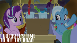 Size: 1000x563 | Tagged: safe, edit, edited screencap, editor:quoterific, imported from derpibooru, screencap, starlight glimmer, trixie, pony, unicorn, road to friendship, best friends, cute, diatrixes, duo, duo female, female, glimmerbetes, hammock, mare, trixie's wagon, wagon