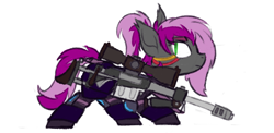 Size: 798x390 | Tagged: safe, artist:skookz, imported from derpibooru, oc, oc only, bat pony, cyborg, pony, armor, female, gun, mare, ponytail, rifle, simple background, sneaking, sniper rifle, solo, weapon, white background, wires