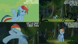 Size: 2000x1125 | Tagged: safe, edit, edited screencap, editor:quoterific, imported from derpibooru, screencap, rainbow dash, pegasus, pony, daring don't, female, forest, mare, slap, solo